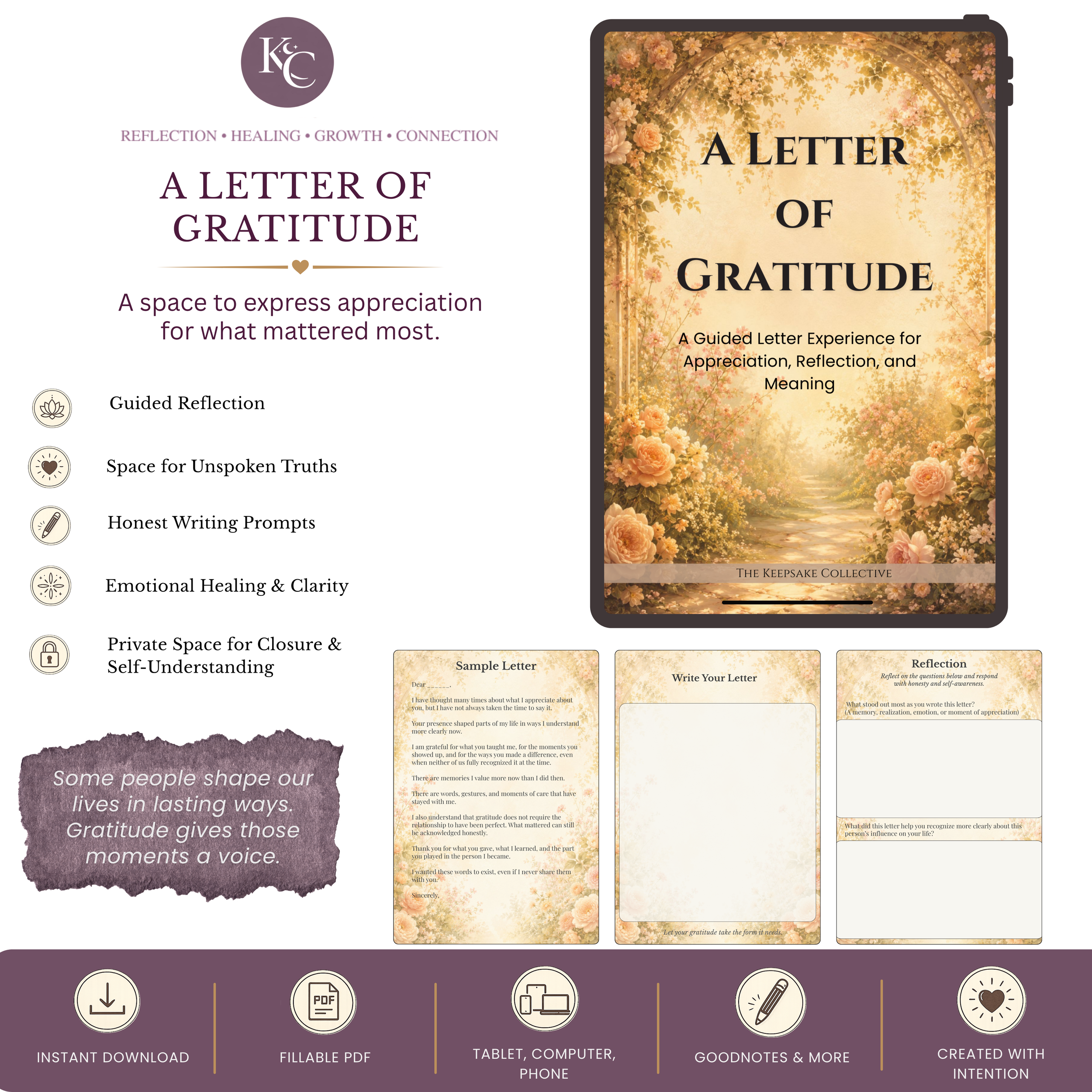 A Letter of Gratitude guided letter experience by The Keepsake Collective, featuring the journal cover, sample letter, writing page, and reflection prompts for appreciation, meaningful memories, and personal reflection.