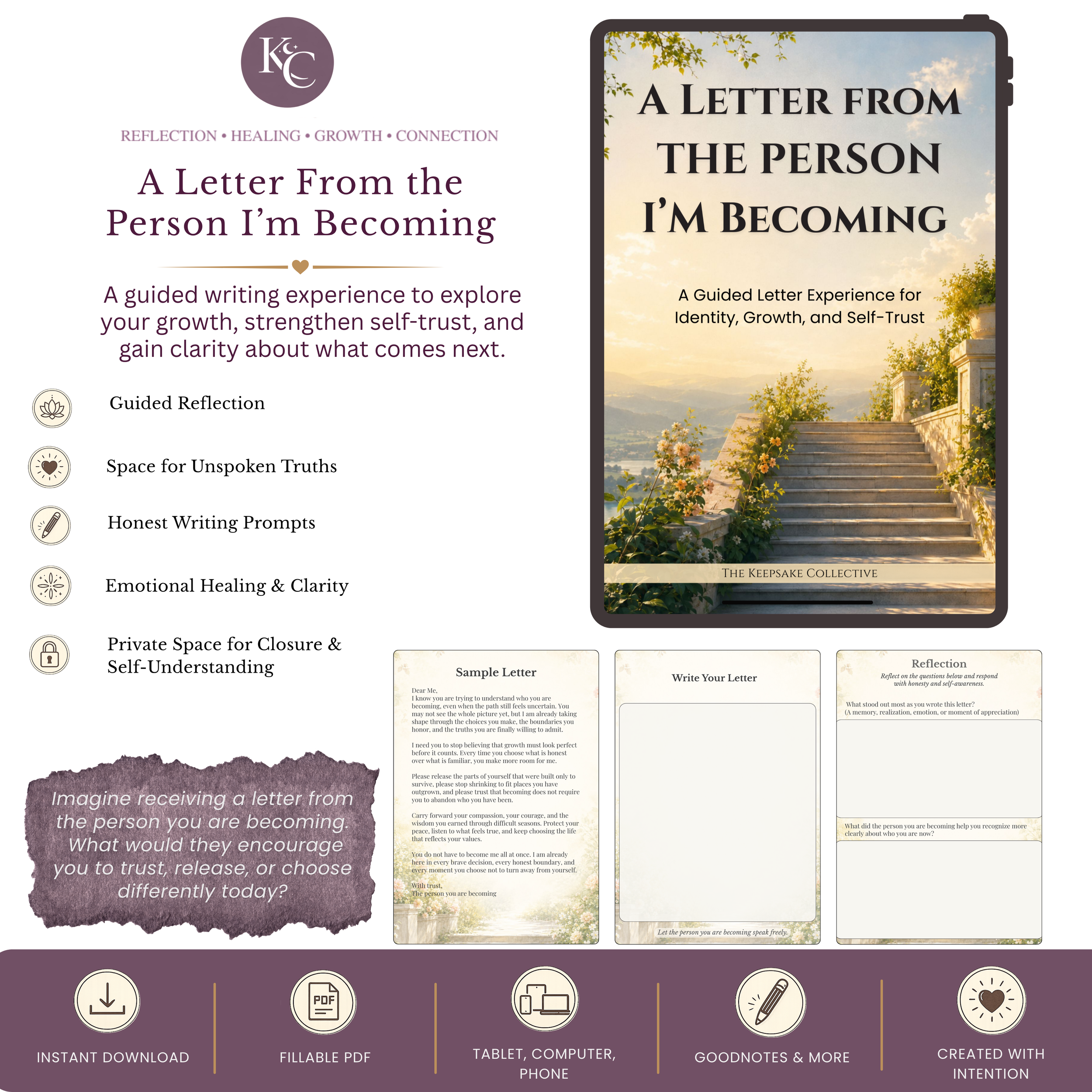 A Letter From the Person I’m Becoming guided letter writing experience with digital tablet mockup, reflection pages, and fillable PDF writing prompts for personal growth and self-trust.