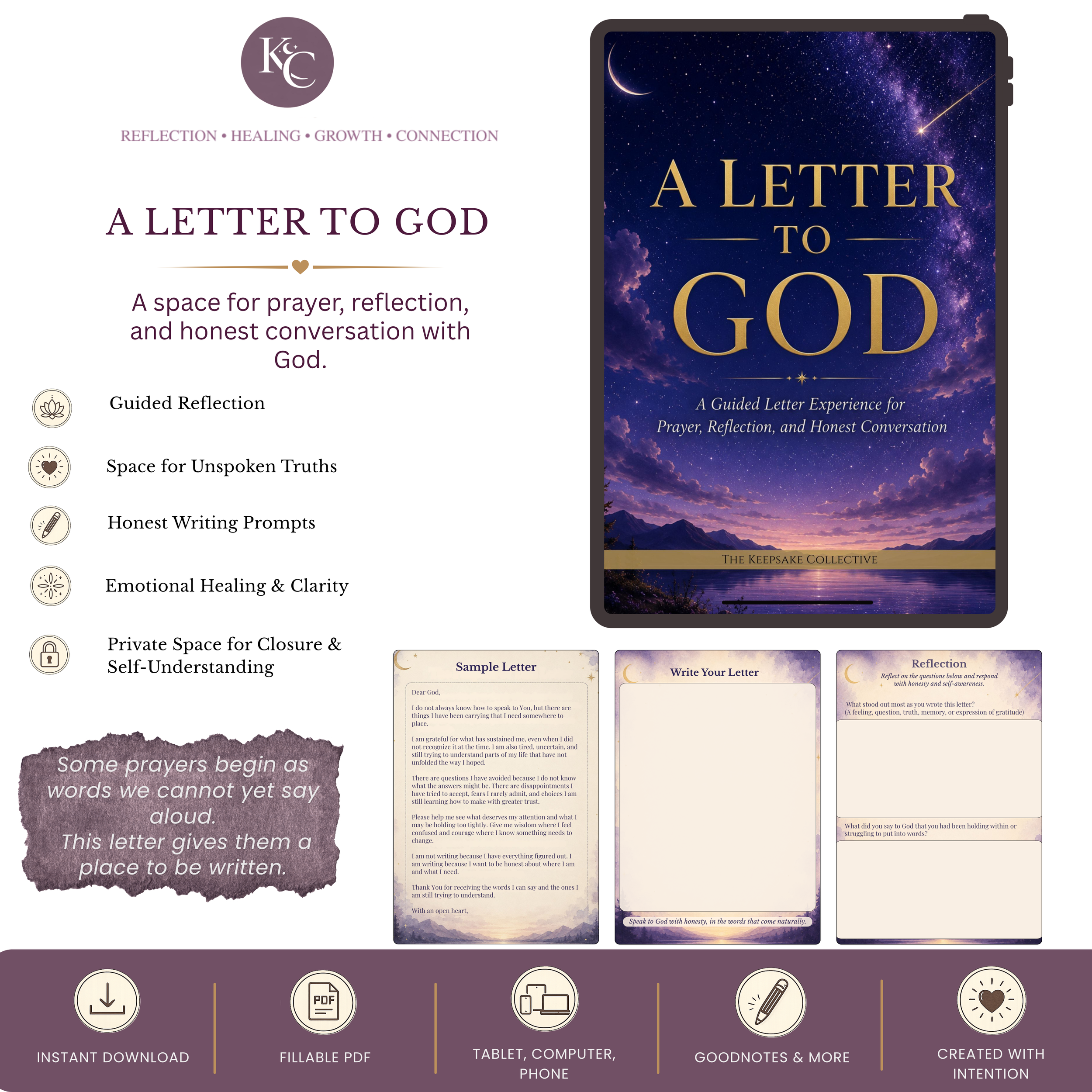 A Letter to God guided digital letter writing experience with fillable reflection pages and writing prompts for prayer, spiritual reflection, honest conversation with God, faith, gratitude, questions, and personal spiritual growth.