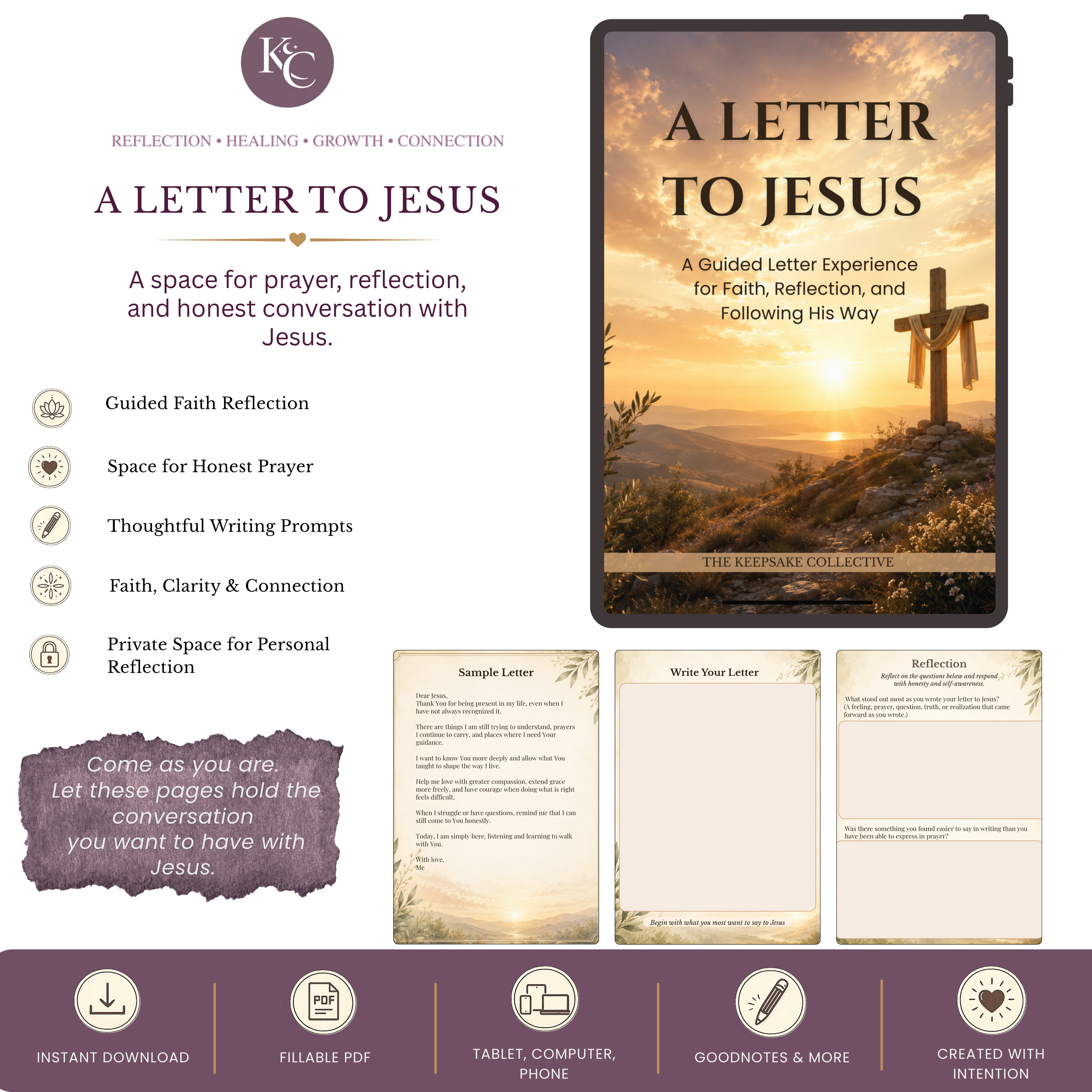 A Letter to Jesus guided letter experience by The Keepsake Collective, featuring the journal cover, sample letter, writing page, and reflection prompts for prayer, faith, spiritual reflection, and honest conversation with Jesus.