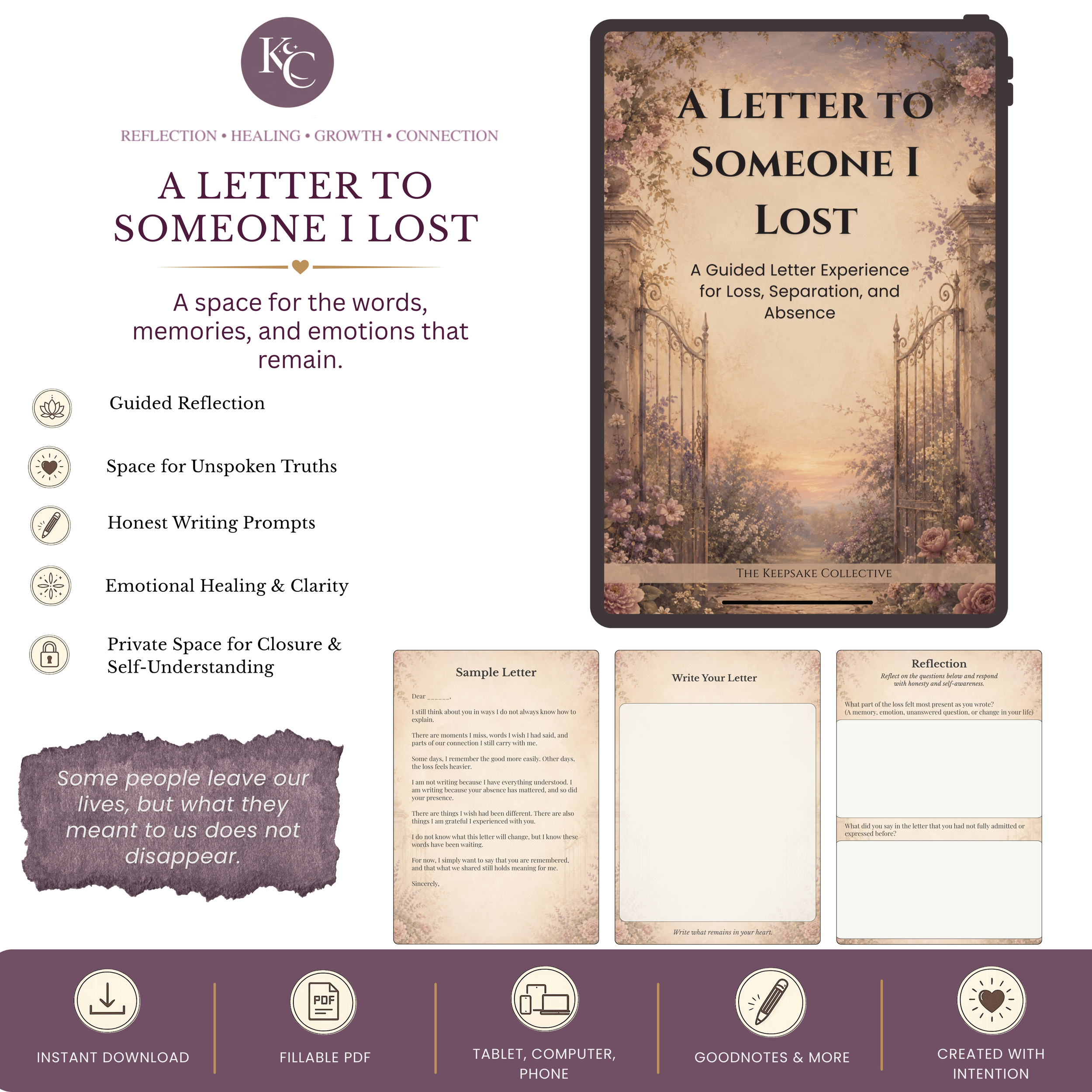 A Letter to Someone I Lost guided digital letter writing experience with fillable reflection pages and writing prompts for grief, loss, separation, remembrance, emotional reflection, and honoring someone who is no longer present.
