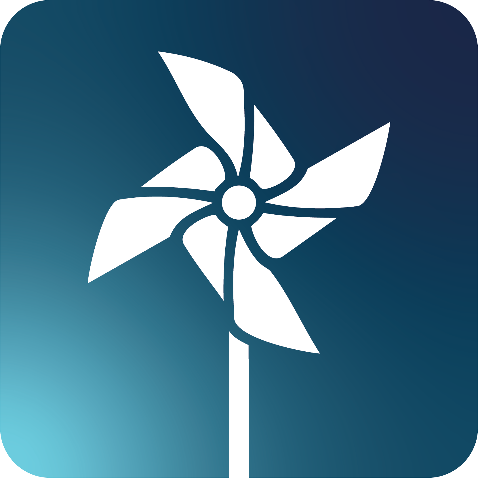 Stylized white pinwheel with a blue gradient background.