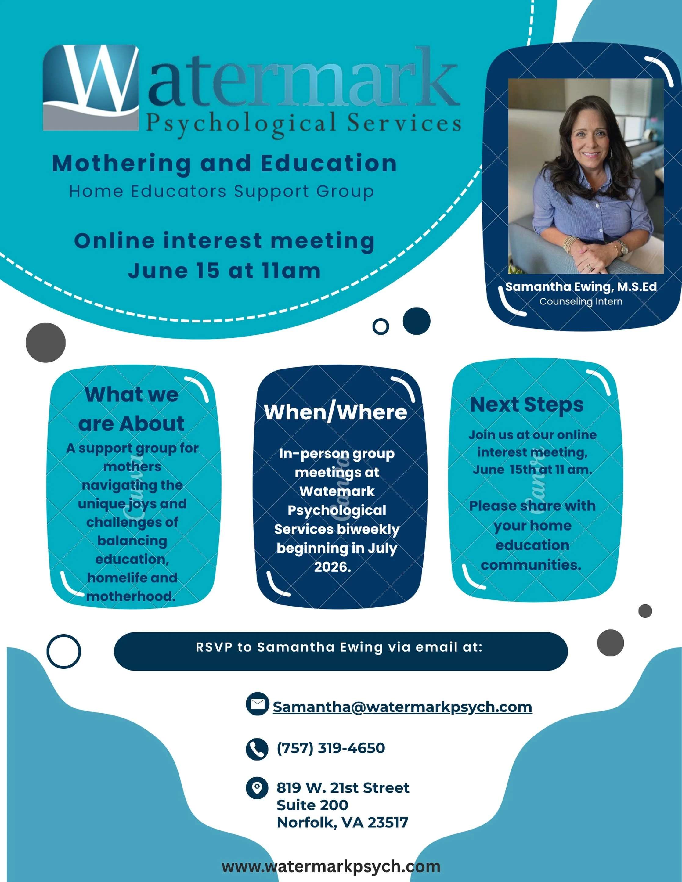 Announcement 📣 a new group is starting soon! This group is for moms on a homeschooling 🍎 journey. Sam Ewing, our awesome therapist (and former homeschooling mom) will lead a group of homeschool moms (students of all ages) through the careful balanc