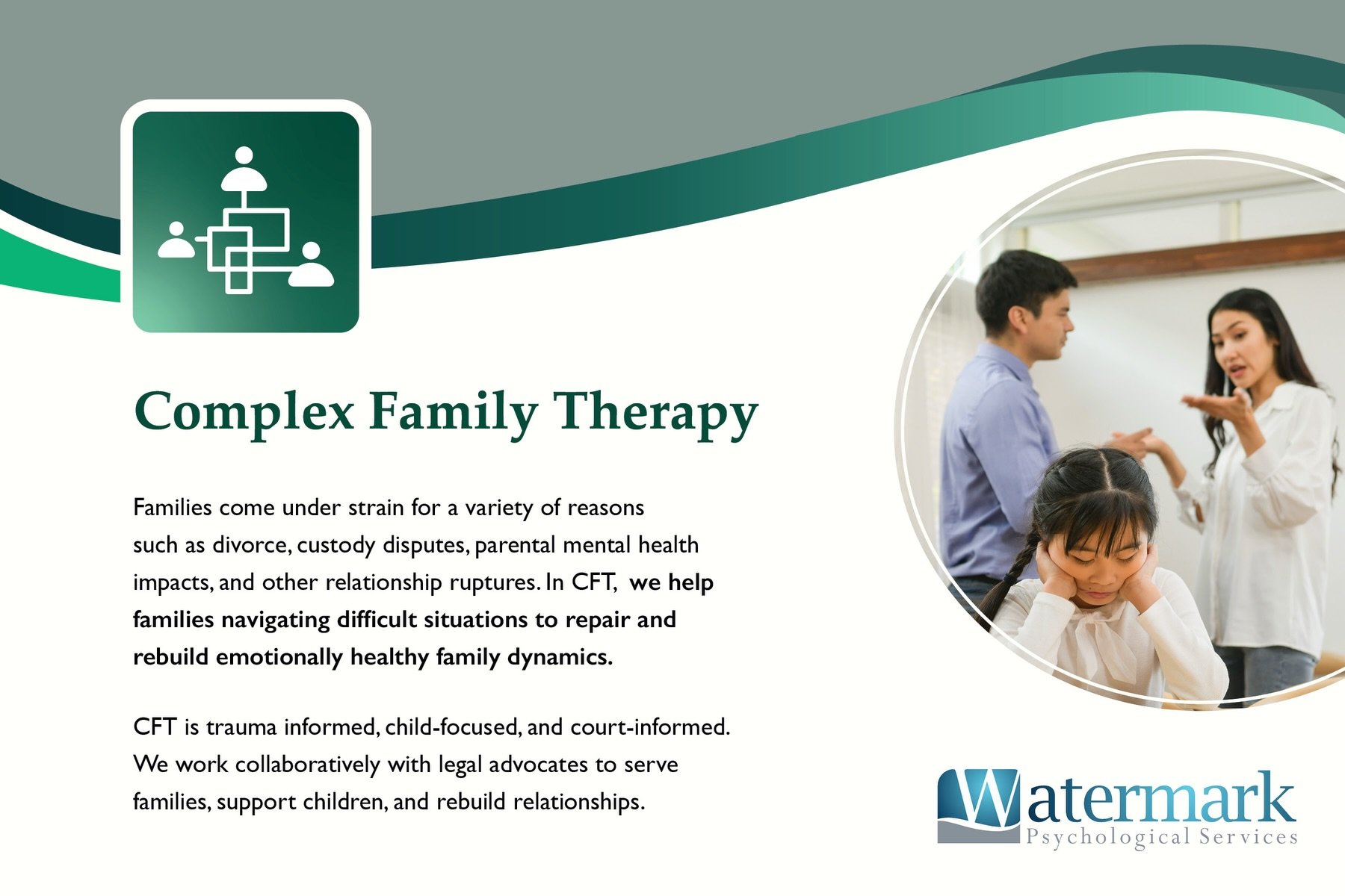 Complex Family Therapy at Watermark is a unique service that addresses challenging family situations including difficult coparenting and parent-child relationship concerns. Family systems in high conflict, court-involved and deeply stressful situatio