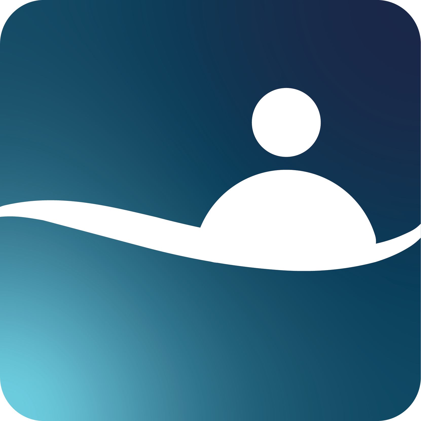 A minimalist digital illustration of a person with a round head and broad shoulders, with abstract wave-like shapes in the background, in shades of blue.