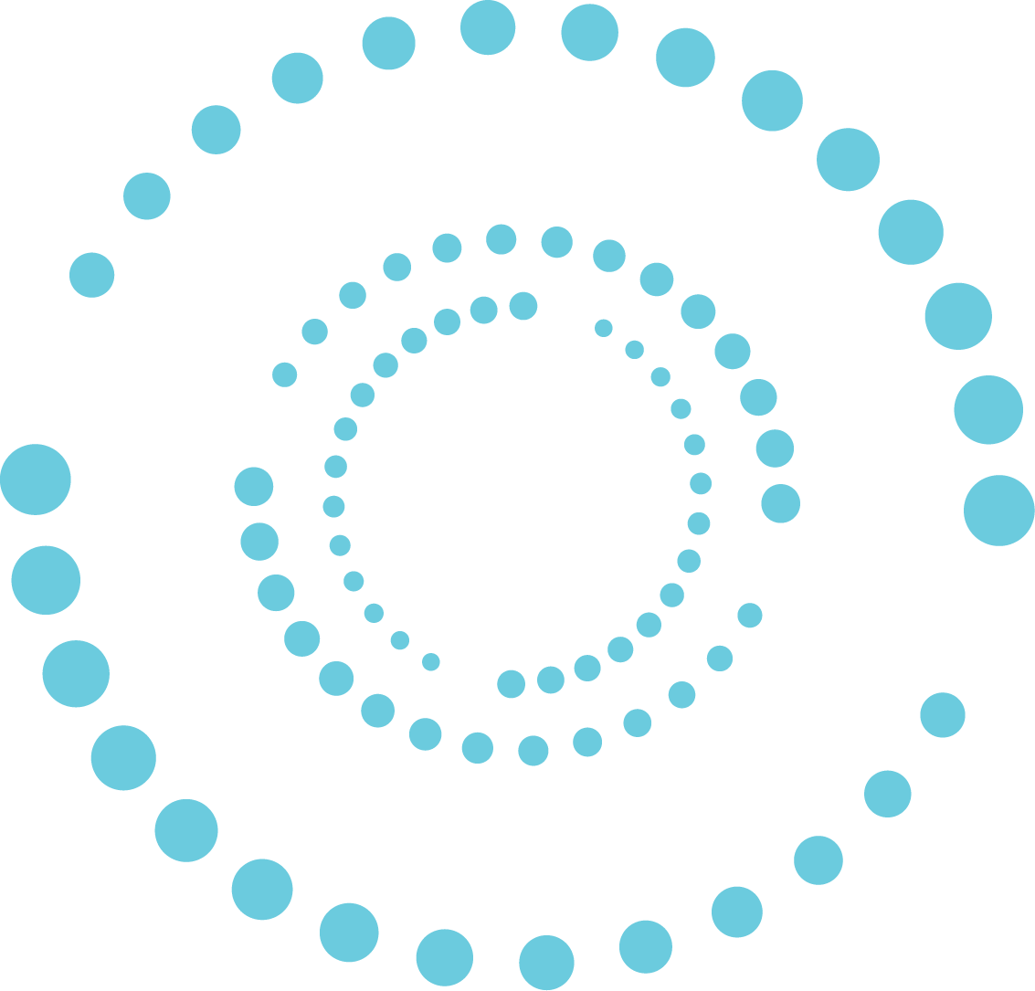 Concentric circles made up of white and blue dots on a black background.