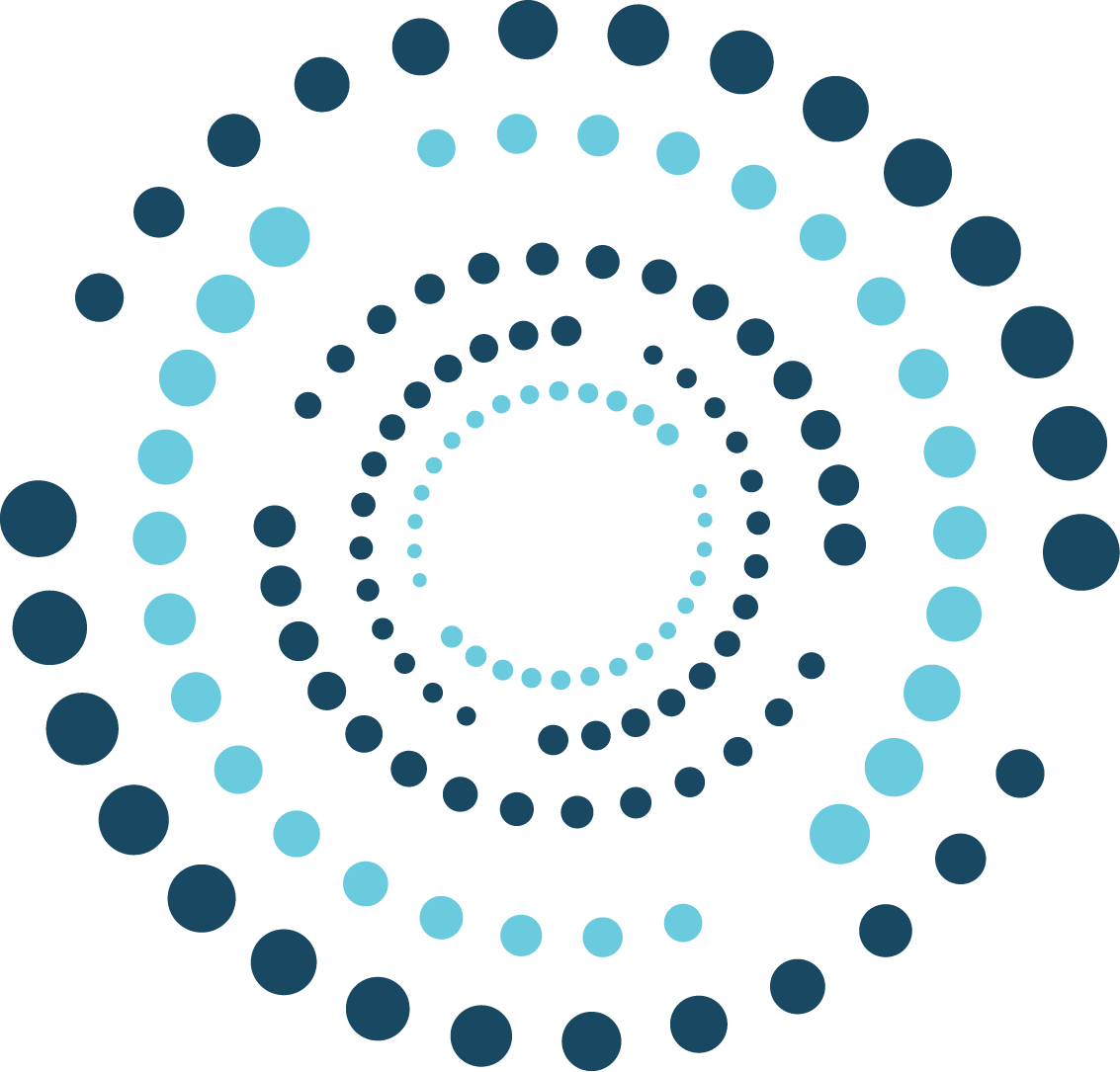 Spiral pattern of various-sized blue dots radiating outward on a black background.