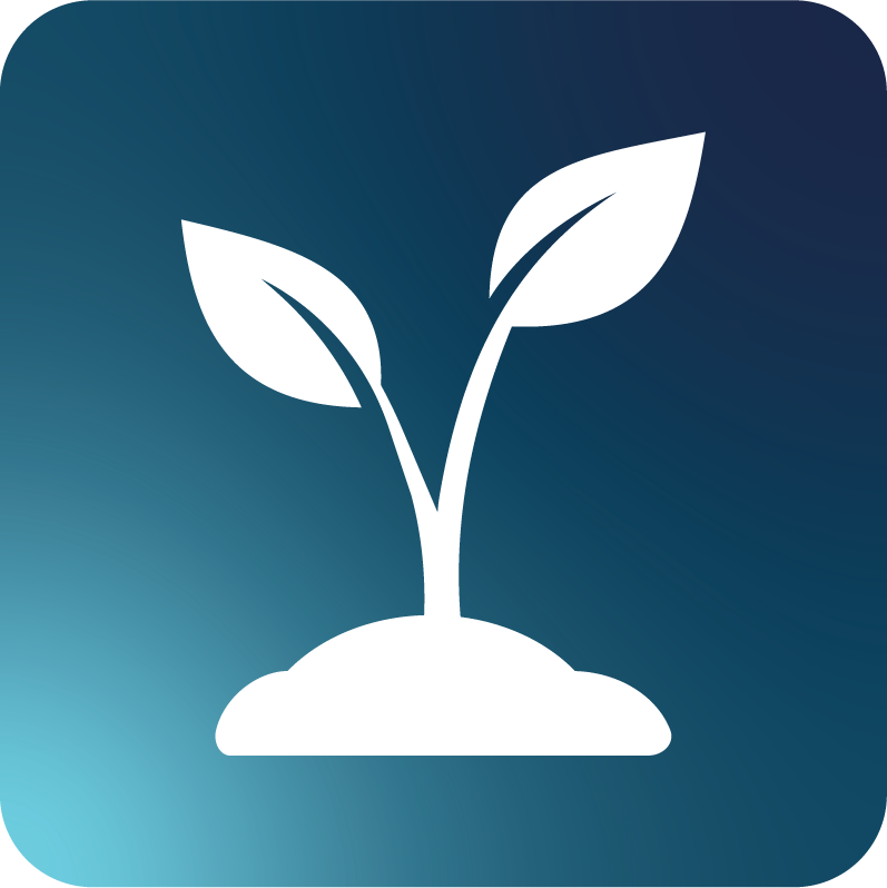 White silhouette of a sprouting plant with two leaves, growing from a mound, set against a dark blue gradient background.