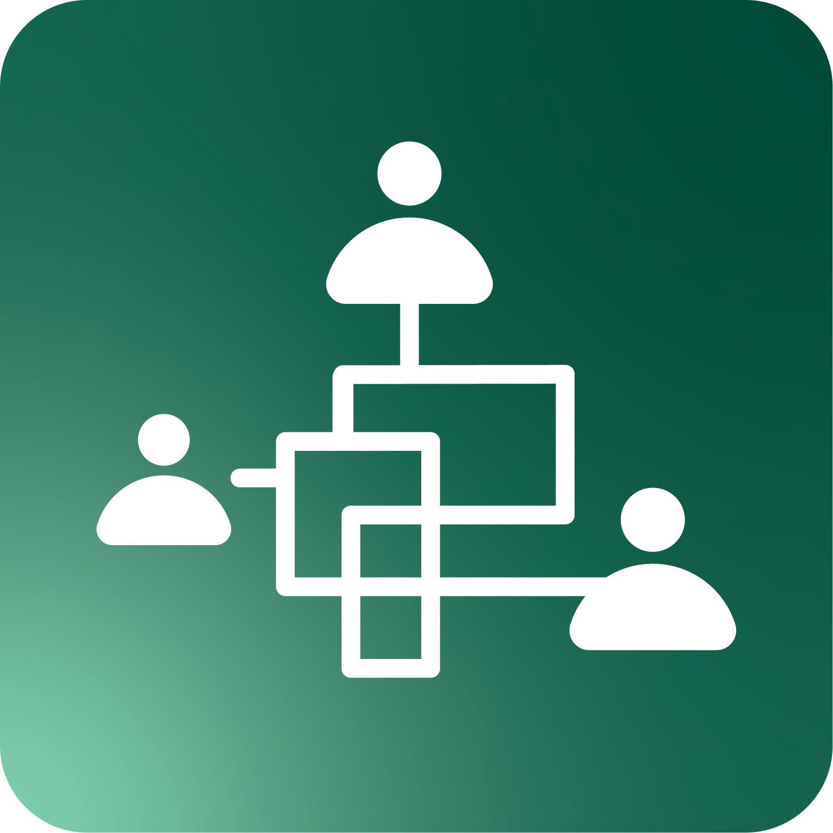 Icons representing people connected in a network, with a central figure connected to four surrounding figures and rectangular boxes, on a green background.