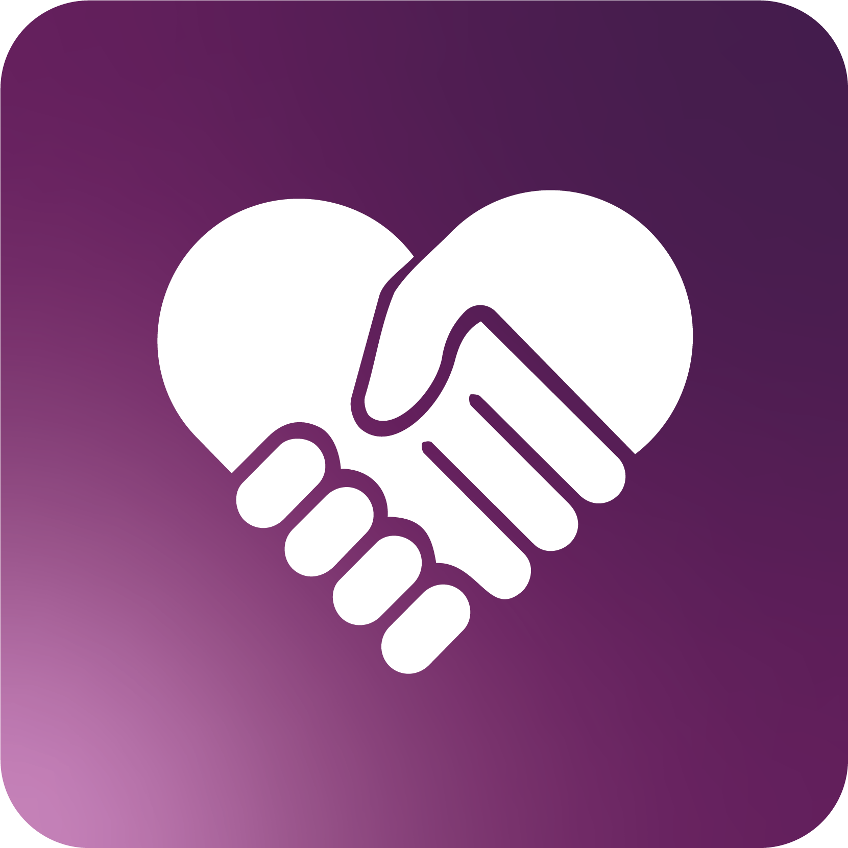 Illustration of two hands shaking, depicted as white outlines on a purple background.