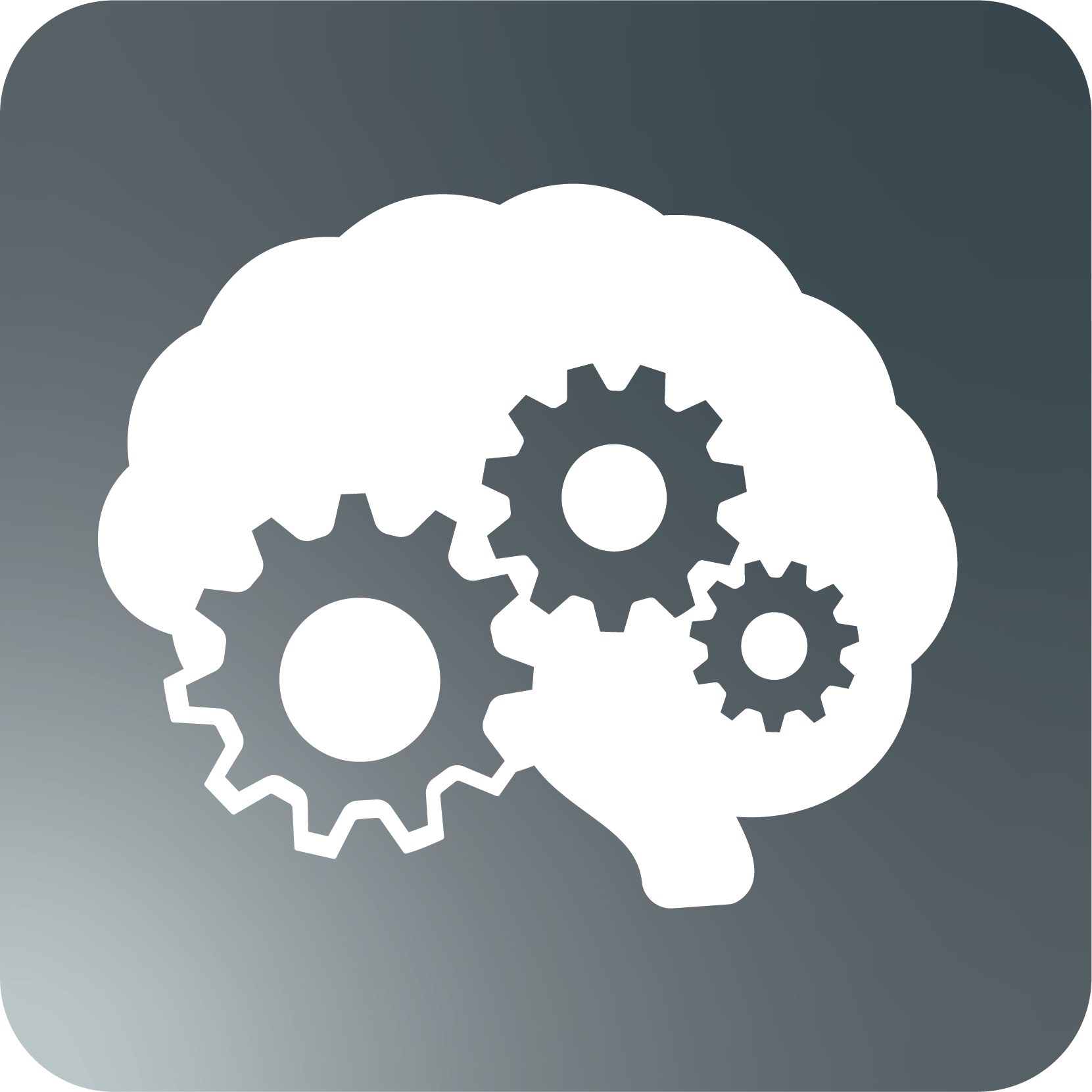 Silhouette of a human head with gears inside, representing thinking or mental processes. The background is a gradient dark shade.