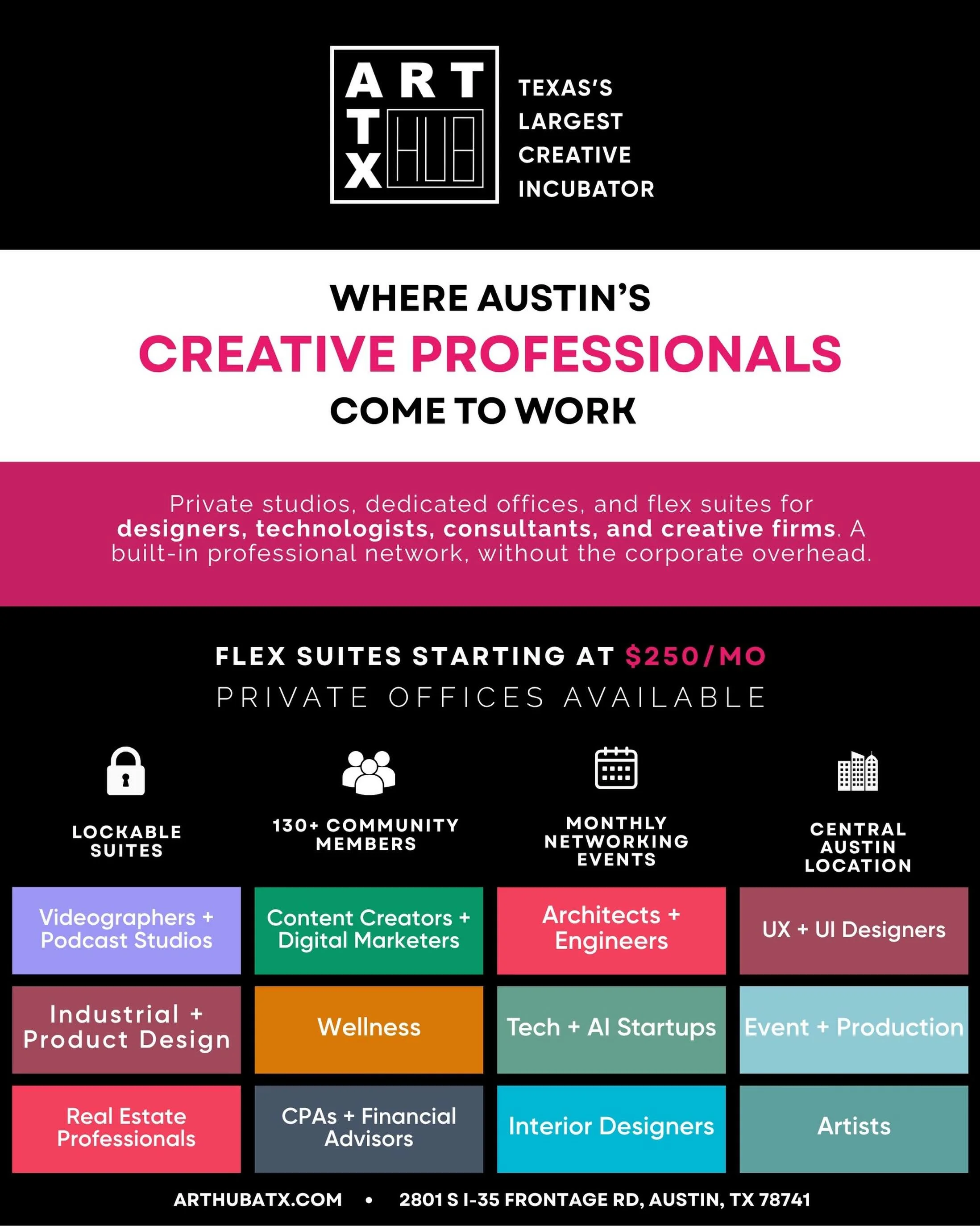 Private offices + flex suites for Austin creatives, startups, and professionals. Starting at $250/mo. DM &ldquo;STUDIO&rdquo; for a tour.