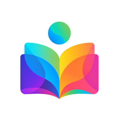 A colorful logo featuring an open book with rainbow-colored pages and a circle above it.