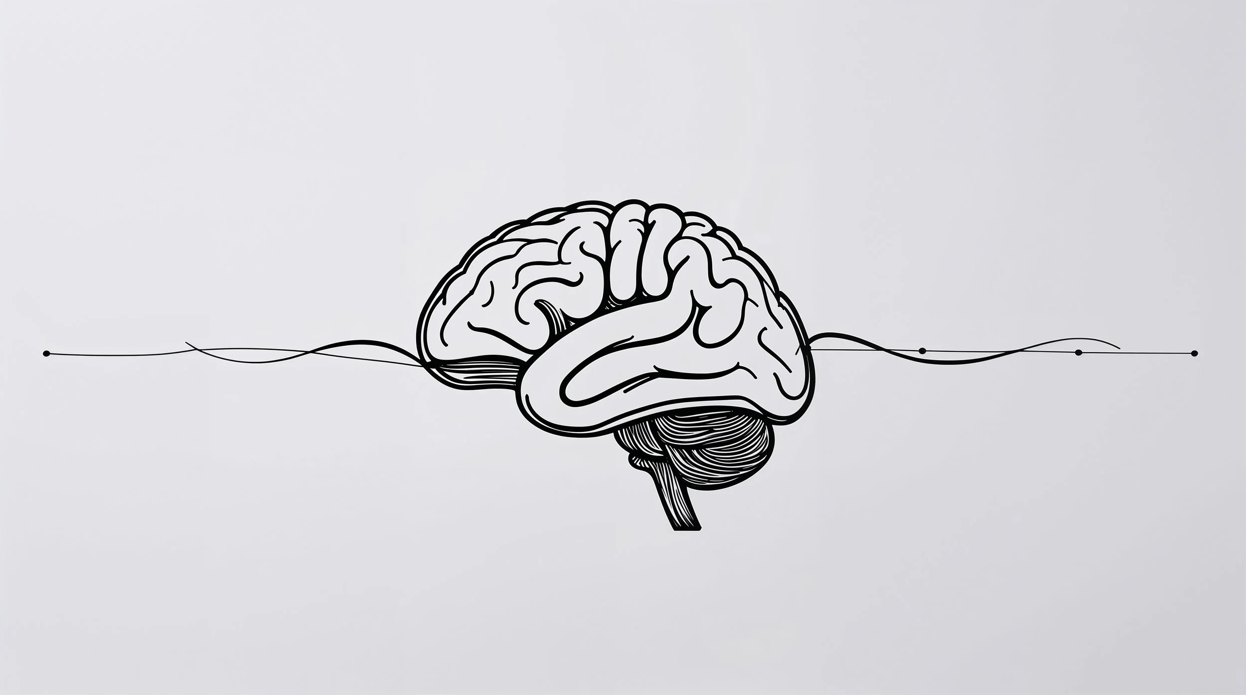 Black and white illustration of a human brain with abstract lines extending horizontally.