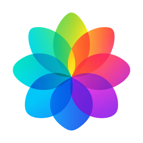 A colorful, stylized flower with overlapping petals in a rainbow gradient of green, yellow, orange, pink, purple, and blue.
