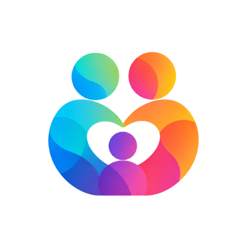 Colorful abstract logo with two stylized figures forming a heart and a smaller circle in the center