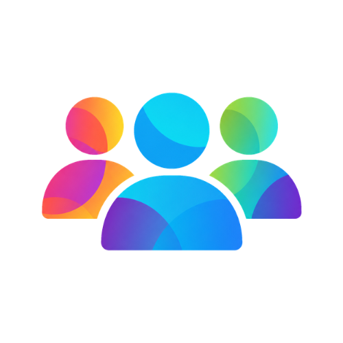 Colorful abstract icon of three people, representing a group or community.