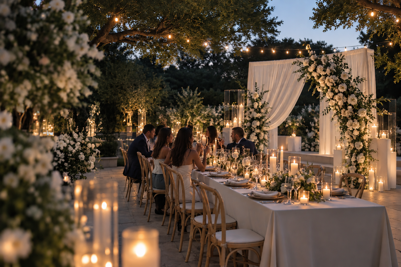 An outdoor evening wedding reception with a long table decorated with candles and floral arrangements, under string lights and an archway with white fabric and flowers.