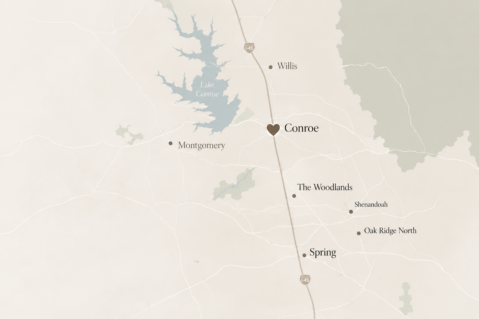Map featuring Lake Conroe, Conroe, Montgomery, The Woodlands, Shenandoah, Oak Ridge North, Spring, and nearby highways including I-45.