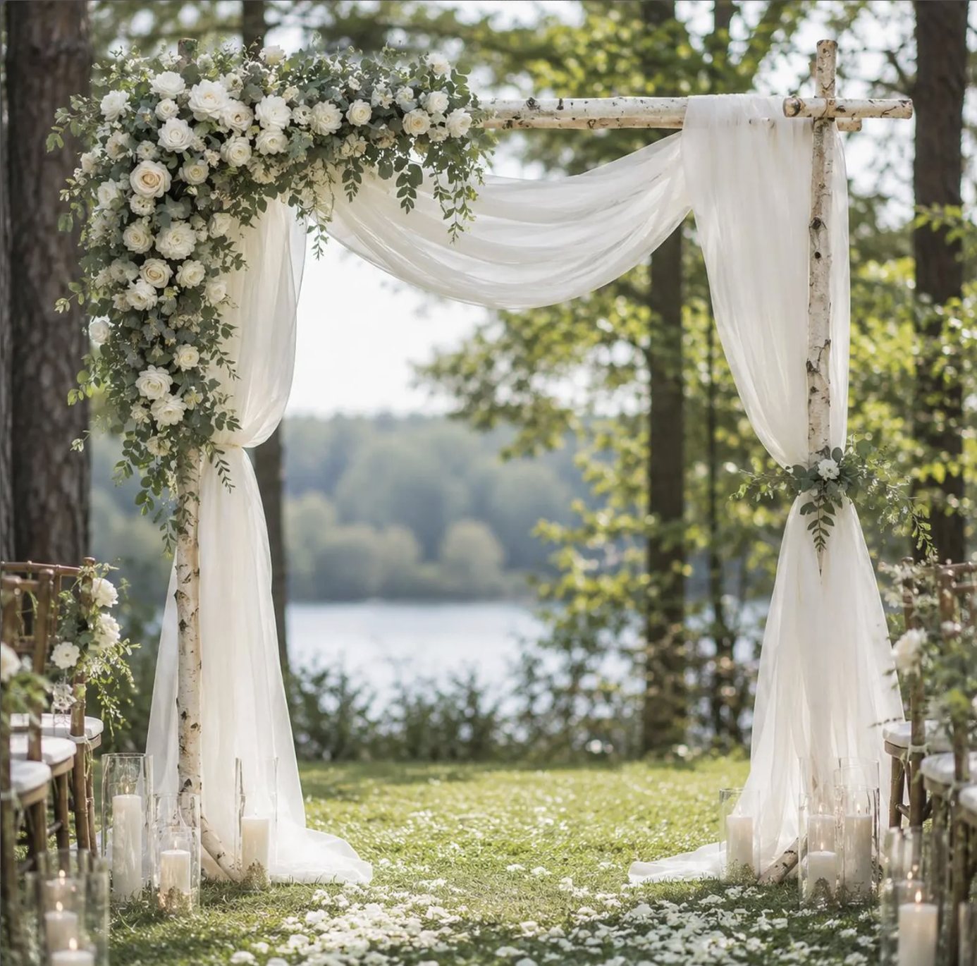 Natural Birchwood Square Arch  (With Drapes + Florals)