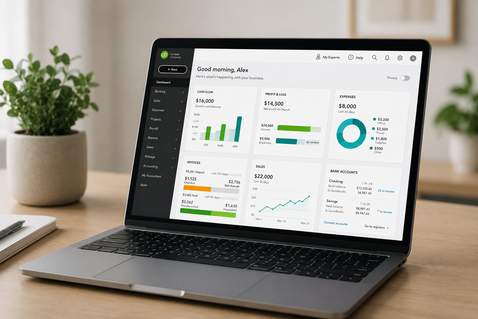 A laptop displaying business analytics dashboard with financial data, graphs, and account summaries, placed on a wooden desk with a potted plant and notebook nearby.