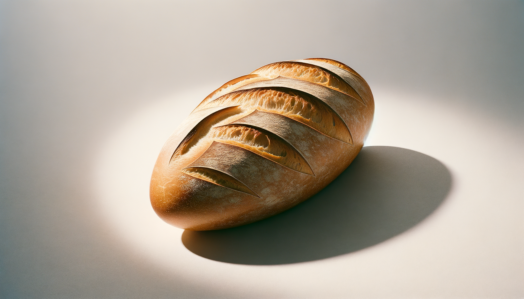 A loaf of bread with several slashes on top, casting a shadow on the surface.