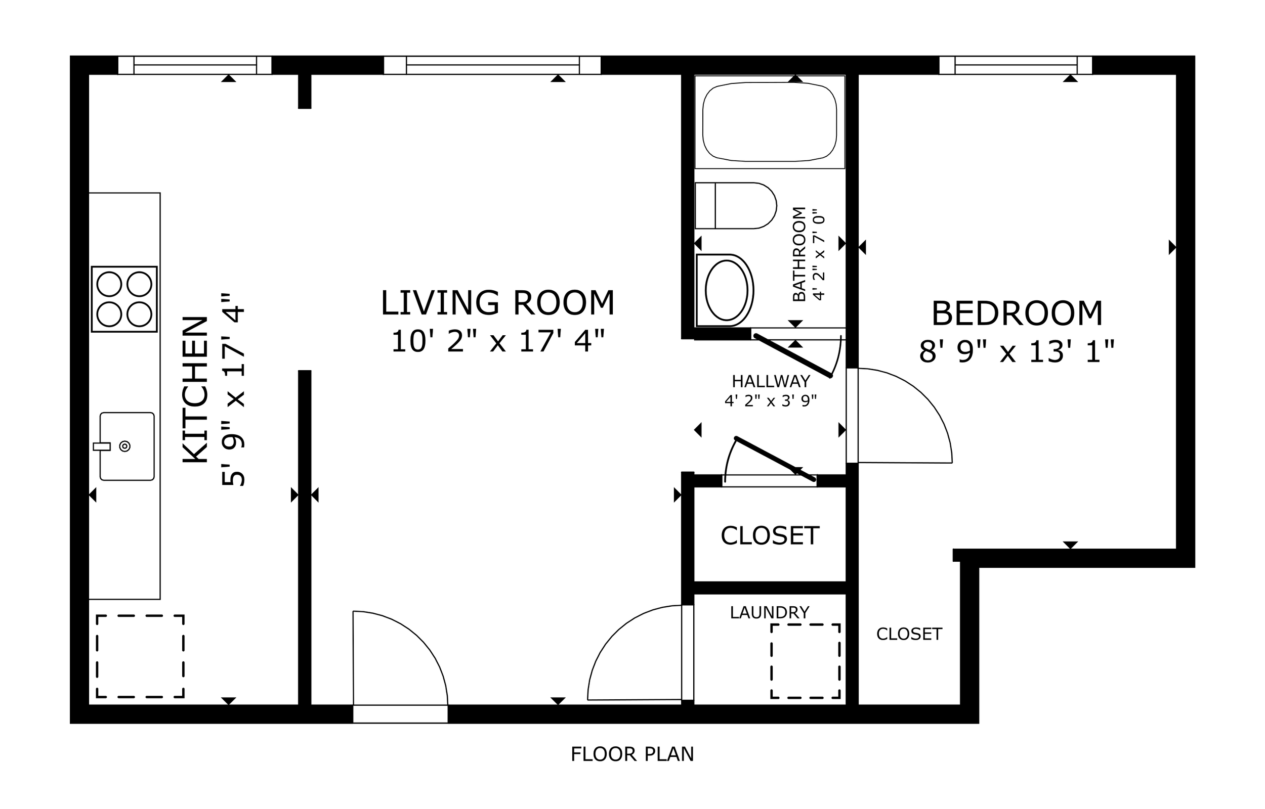 3D floor plan of an apartment with two bedrooms, one bathroom, an open kitchen and living area, and a laundry closet.