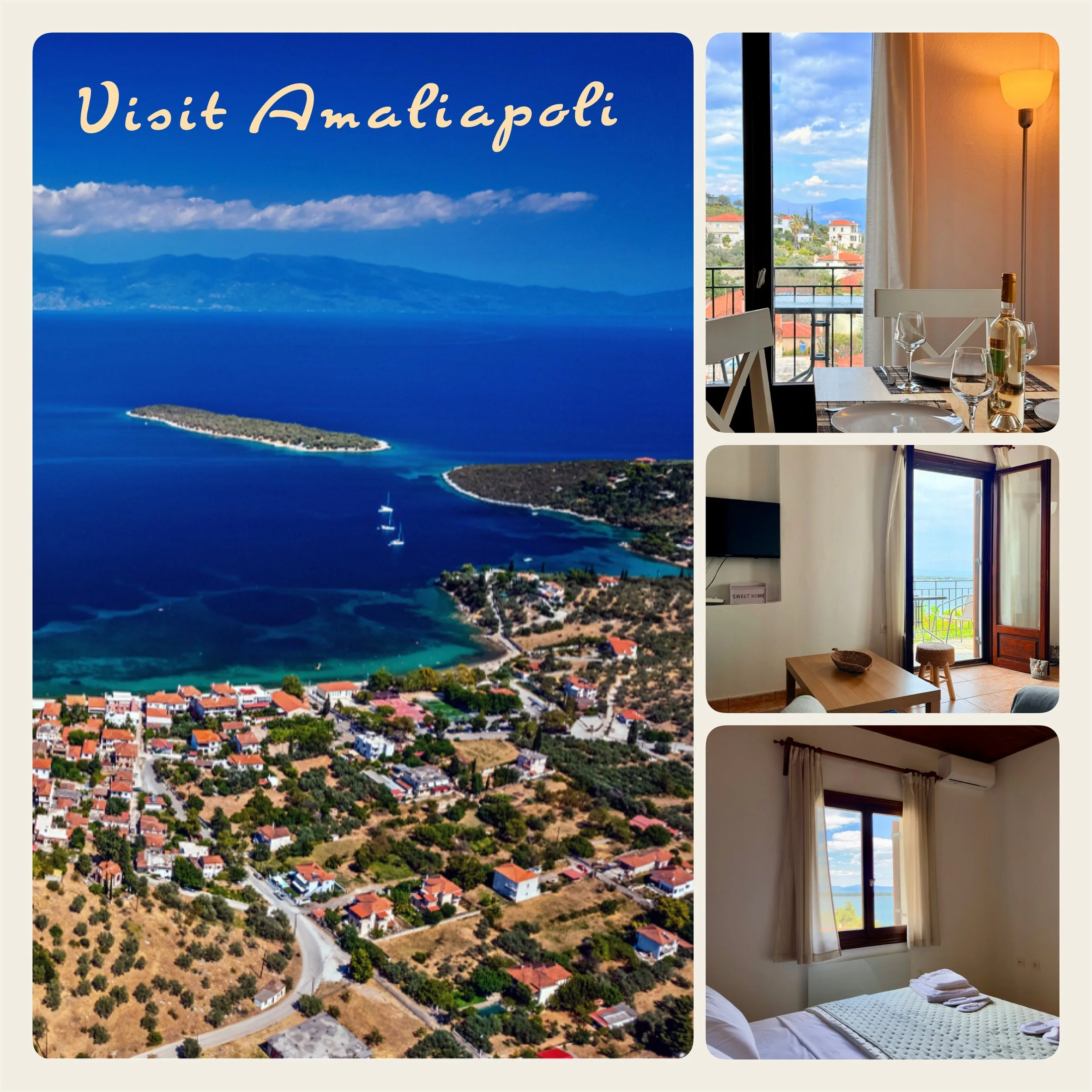A collage showing aerial view of Amaliapolis coastline and a bedroom with a sliding glass door overlooking the town and ocean.