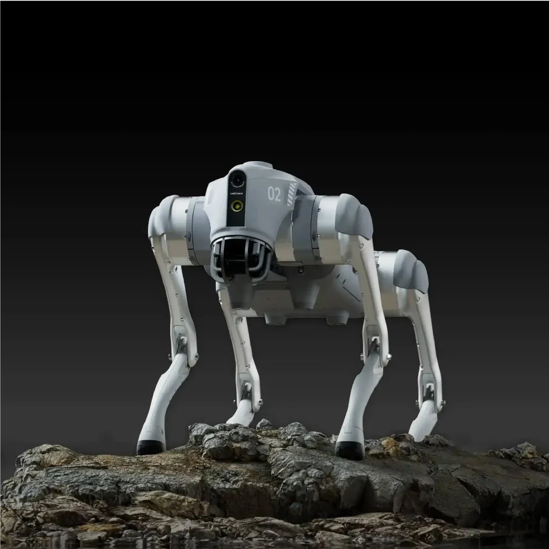 A quadruped robot with a white and grey body stands on a rocky surface against a black background.