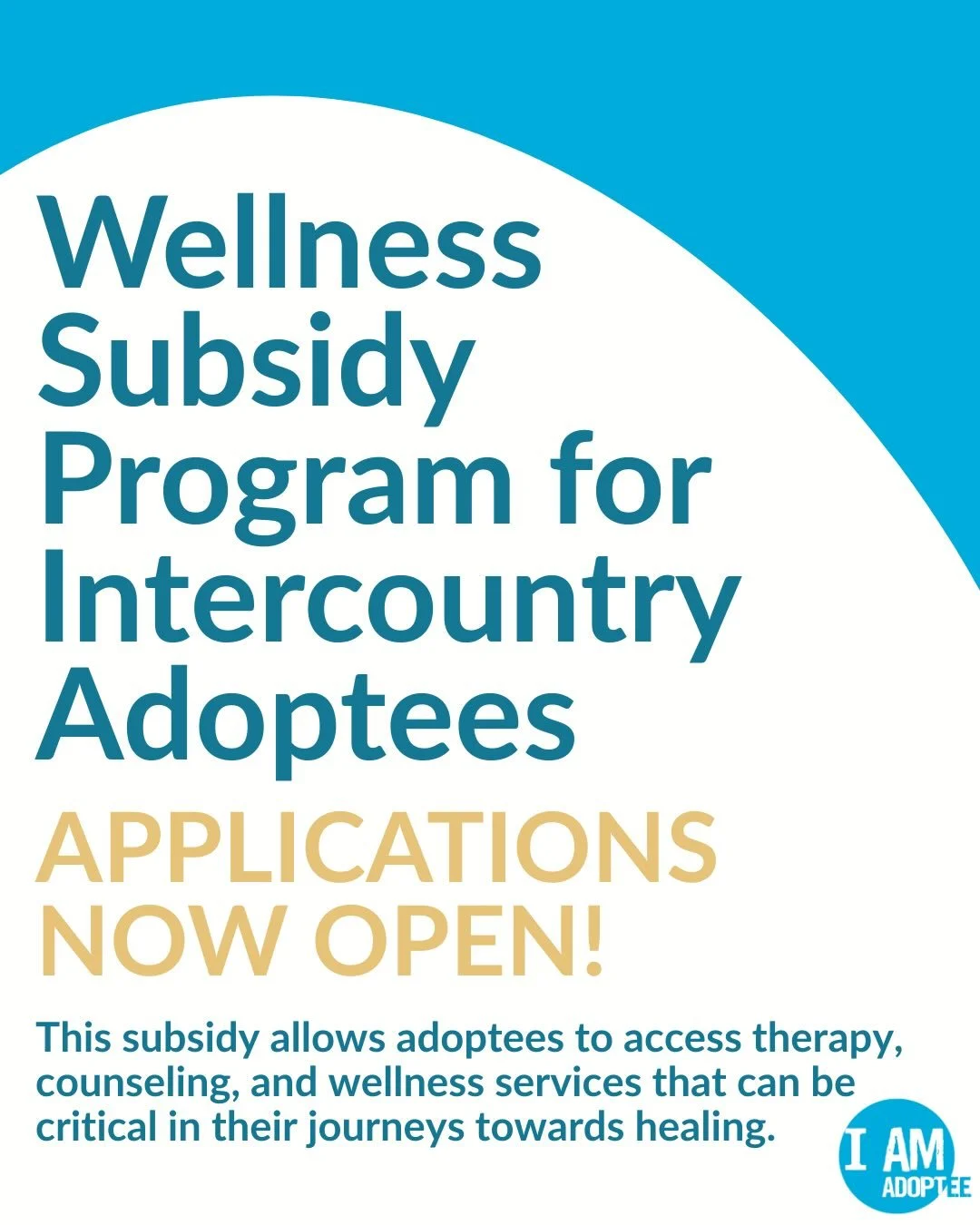 📣 We are overjoyed to announce that applications are open for IAMAdoptee&rsquo;s signature initiative, the Therapeutic and Wellness Subsidy Program. This subsidy allows adoptees to access therapy, counseling, and wellness services that can be critic