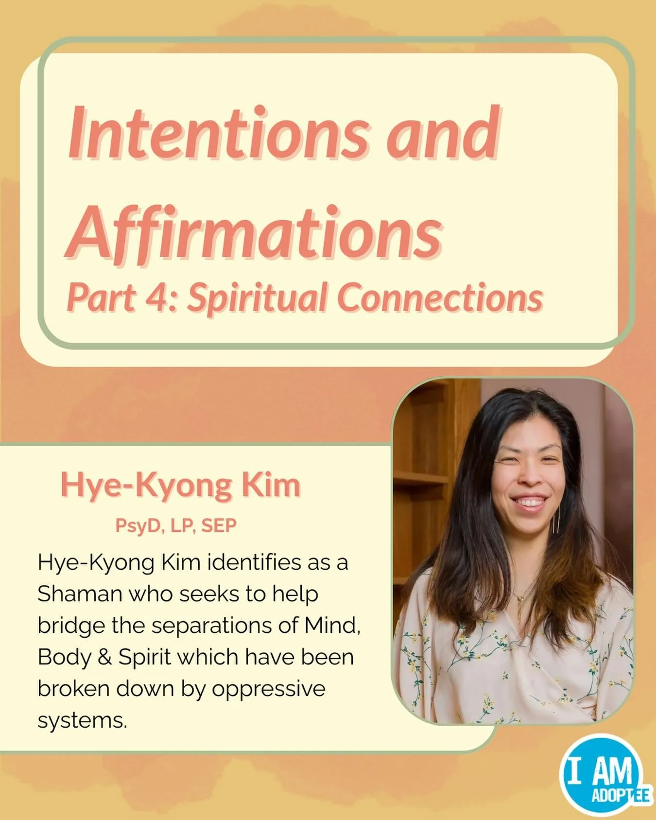 This week, we&rsquo;re honored to spotlight Hye-Kyong Kim who is a Korean American, Korean-Adopted, clinical psychologist with many years of experience working with individuals around healing through a trauma-focused and decolonized lens. ❤️&zwj;🩹 
