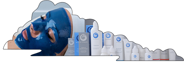 Bio-Therapeutic skincare products with a person lying down and resting using a blue facial mask in the background.