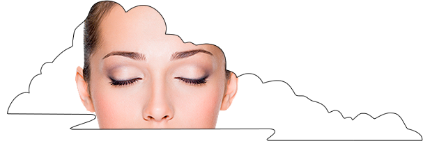 Close-up of a woman's face with her eyes closed, surrounded by a drawn white cloud on a black background.