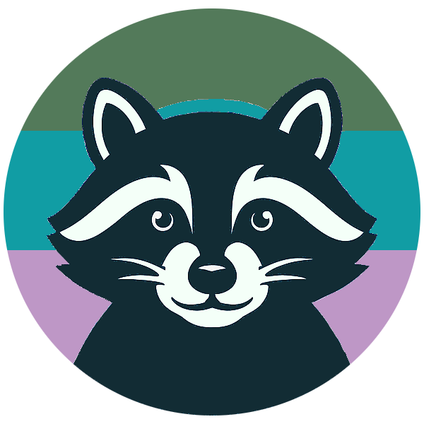 A graphic illustration of a raccoon's face in front of a circular background divided into pastel stripes.