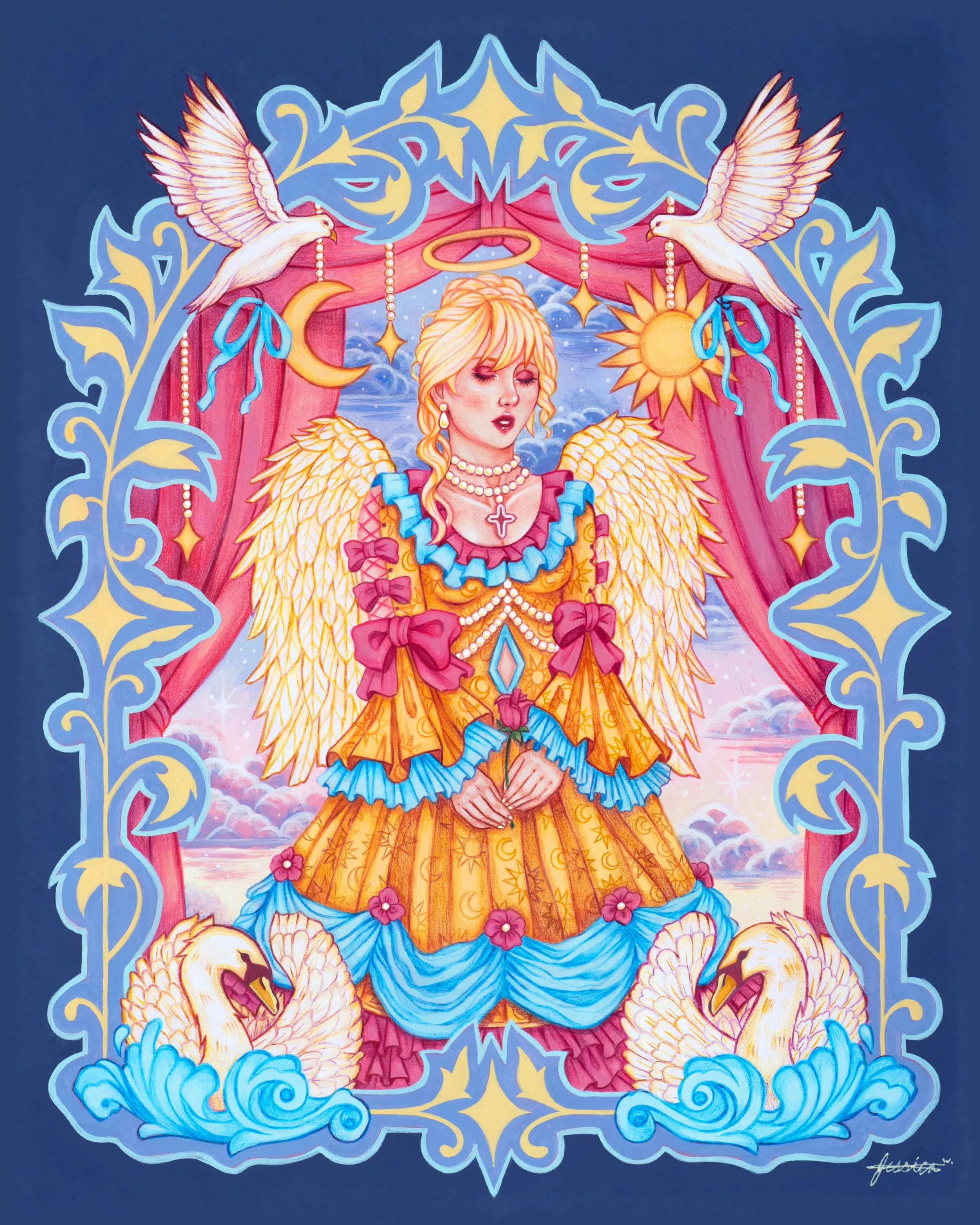 "Angel at the Gate" - 16x20" Mixed media: gouache, watercolor, colored pencils on hot press watercolor paper