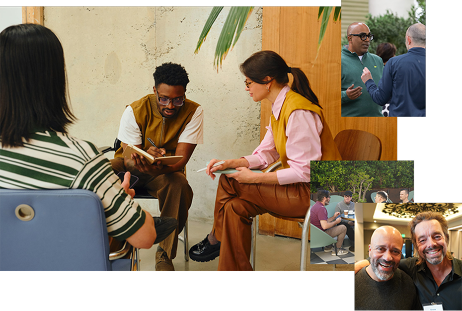 Group therapy session with four diverse people sitting in a circle, two women and two men, in a cozy indoor setting.