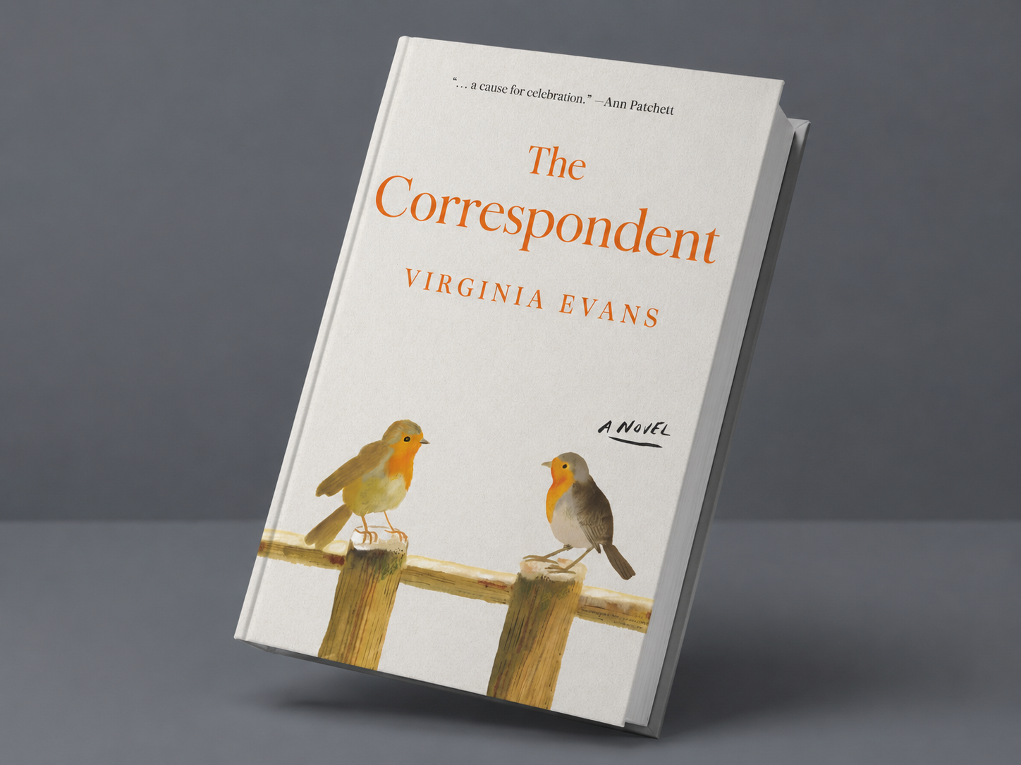 Book titled 'The Correspondent' by Virginia Evans with an illustration of two birds sitting on a wooden branch, one on the left and one on the right, against a plain gray background.