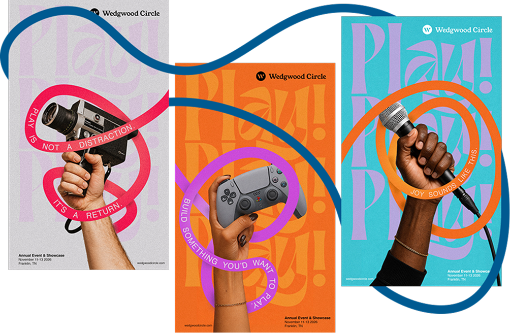 A collage of three promotional posters for Wedgwood Circle event and showcase from November 11-13, 2016 in Franklin, Tennessee. Each poster features a hand holding a different item: a hairdryer, a game controller, and a microphone, with colorful rings and background text encouraging play, build, and joy.