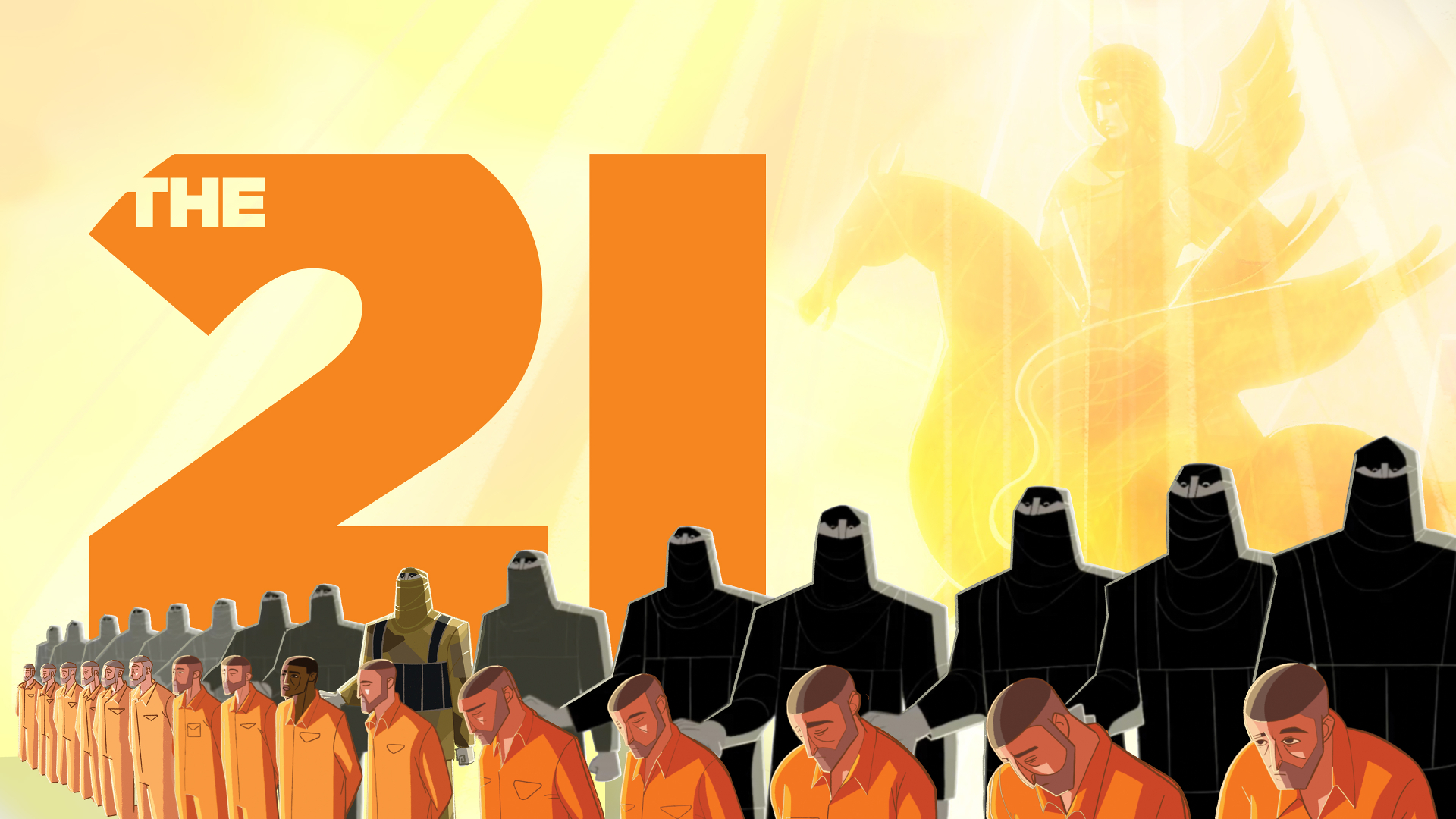 Award Winning Cover of the film " - THE 21"Illustration of numerous prisoners in orange jumpsuits and guards in black uniforms, standing in front of a large, golden angel statue with wings and a sword. The background features a bright yellow glow.