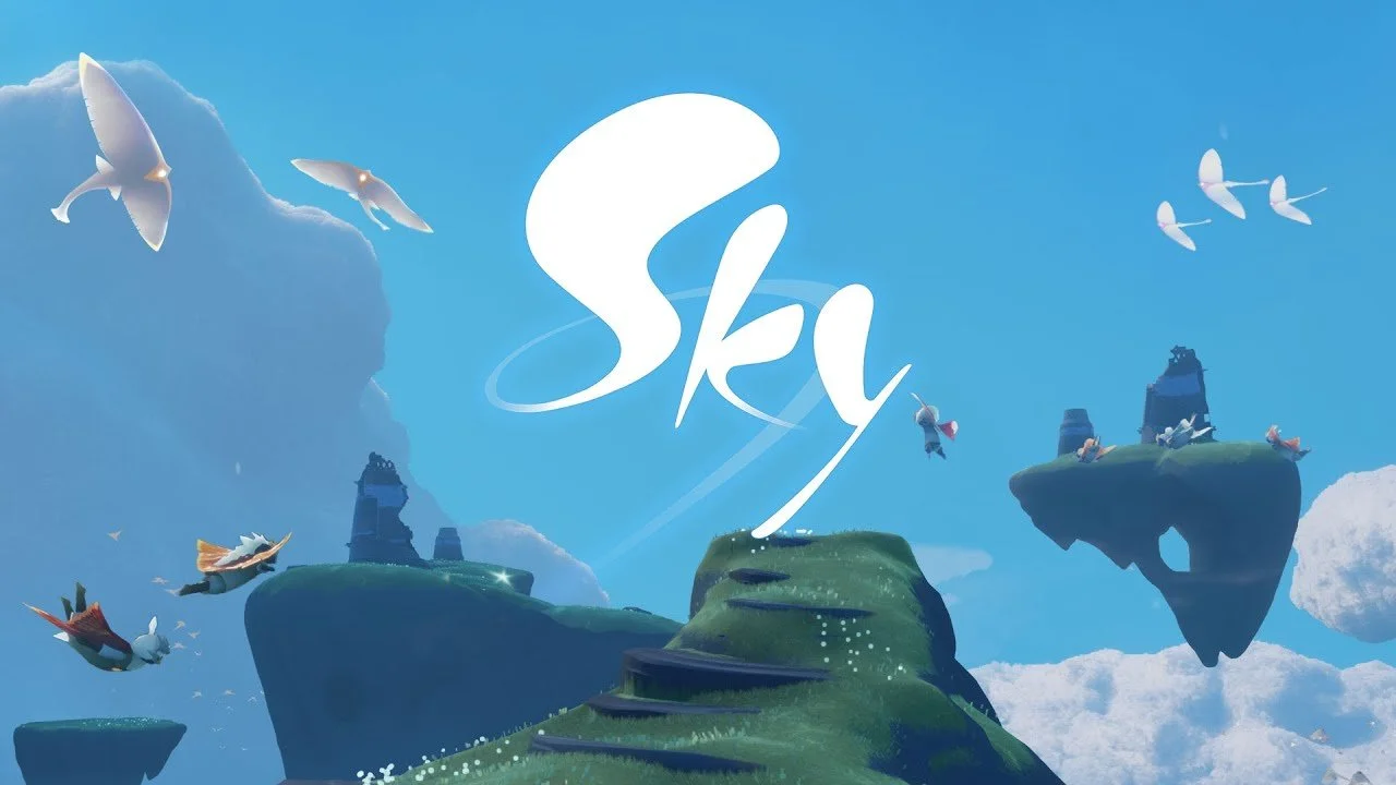 Animated sky scene with floating islands, flying birds, and a large white stylized "Sky" text