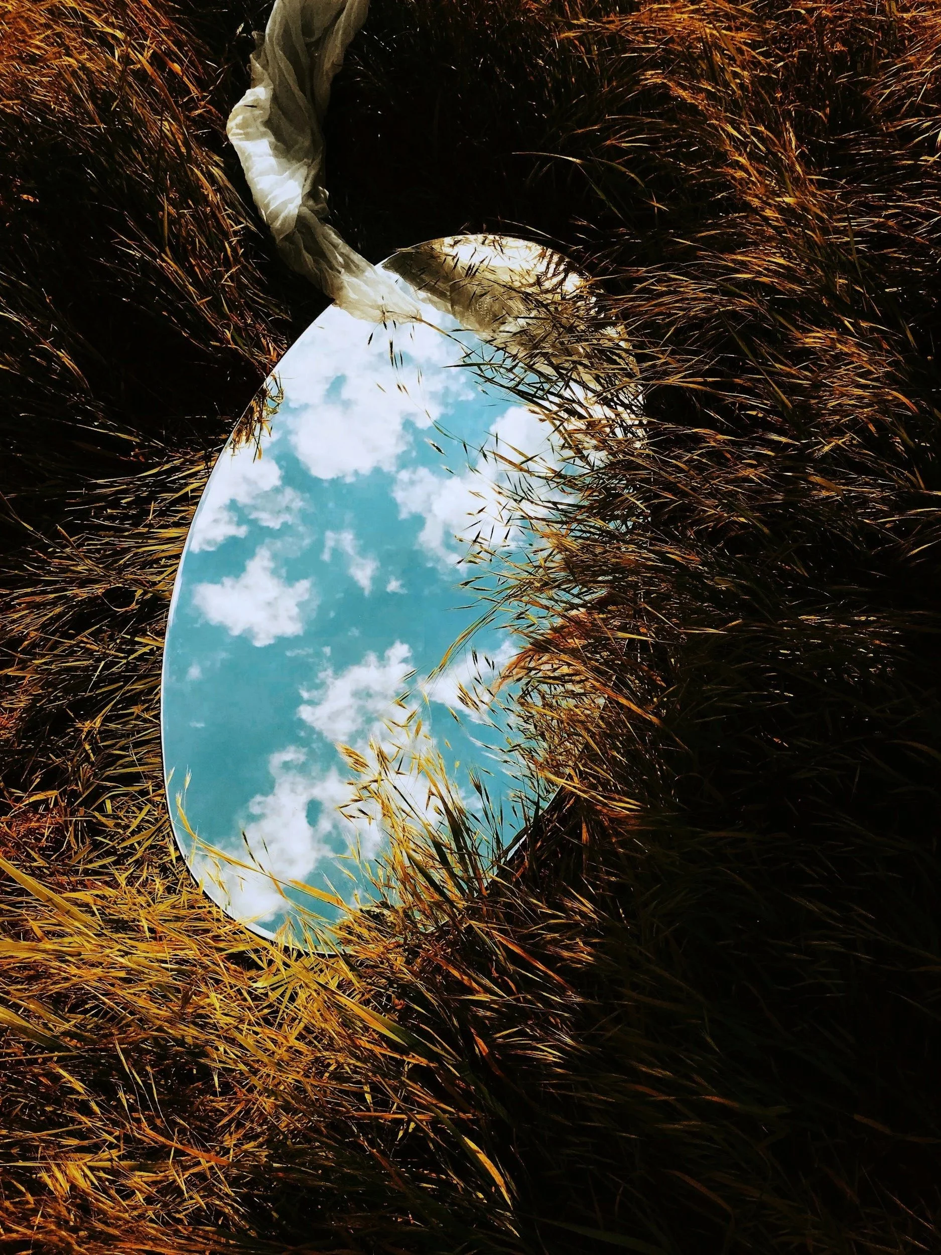 A mirror lying on the ground reflecting a blue sky with white clouds, surrounded by tall, golden brown grass.