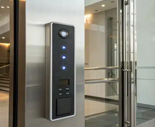 Elevator control panel with a camera and illuminated button lights.