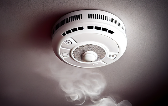 Smoke detector on the ceiling with smoke nearby.