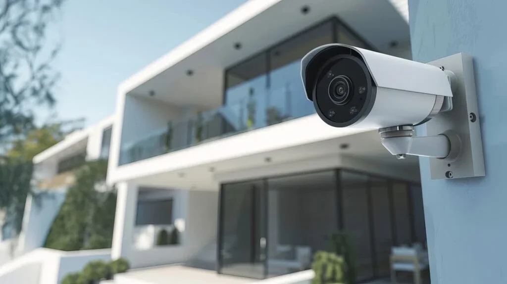 Security camera mounted on a light blue wall of a modern house with large glass windows and balconies.