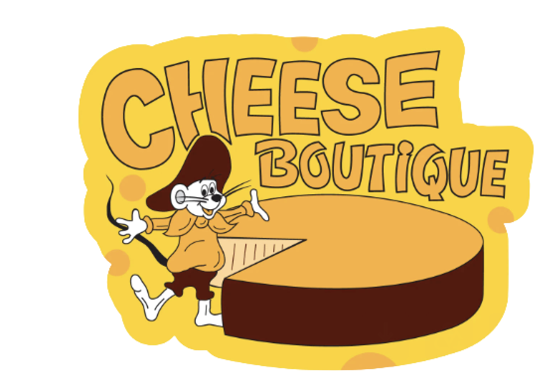 Cartoon illustration of a mouse with big glasses and a large cheese costume, standing next to a large cheese wheel with the words 'Cheese Boutique' above in bold, playful letters.