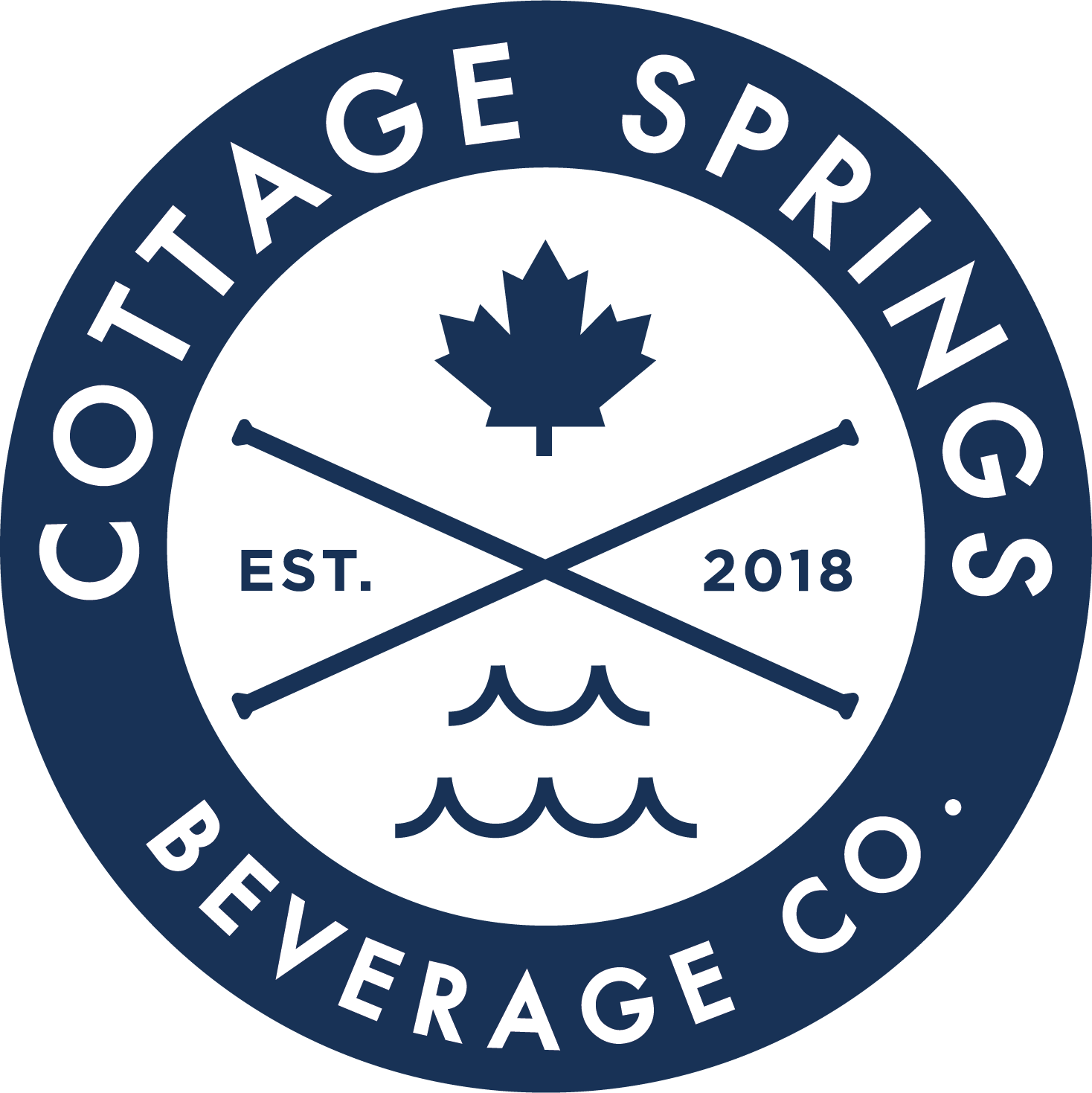A circular logo for CottageSprings Brewery, established in 2018, featuring a maple leaf, crossed paddles, and waves, with the brewery's name around the circle.