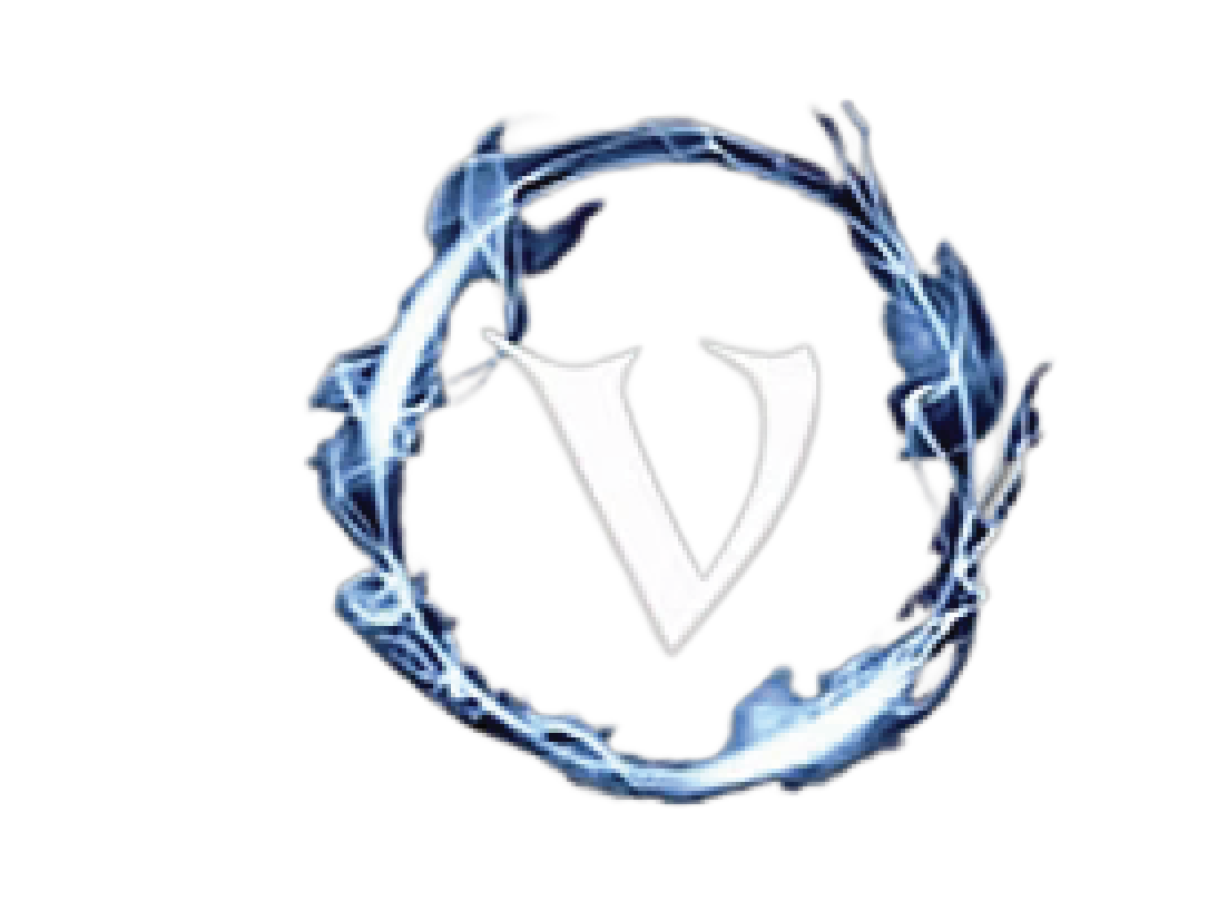 A silver and blue emblem with a stylized letter V enclosed in a circular, glowing design.