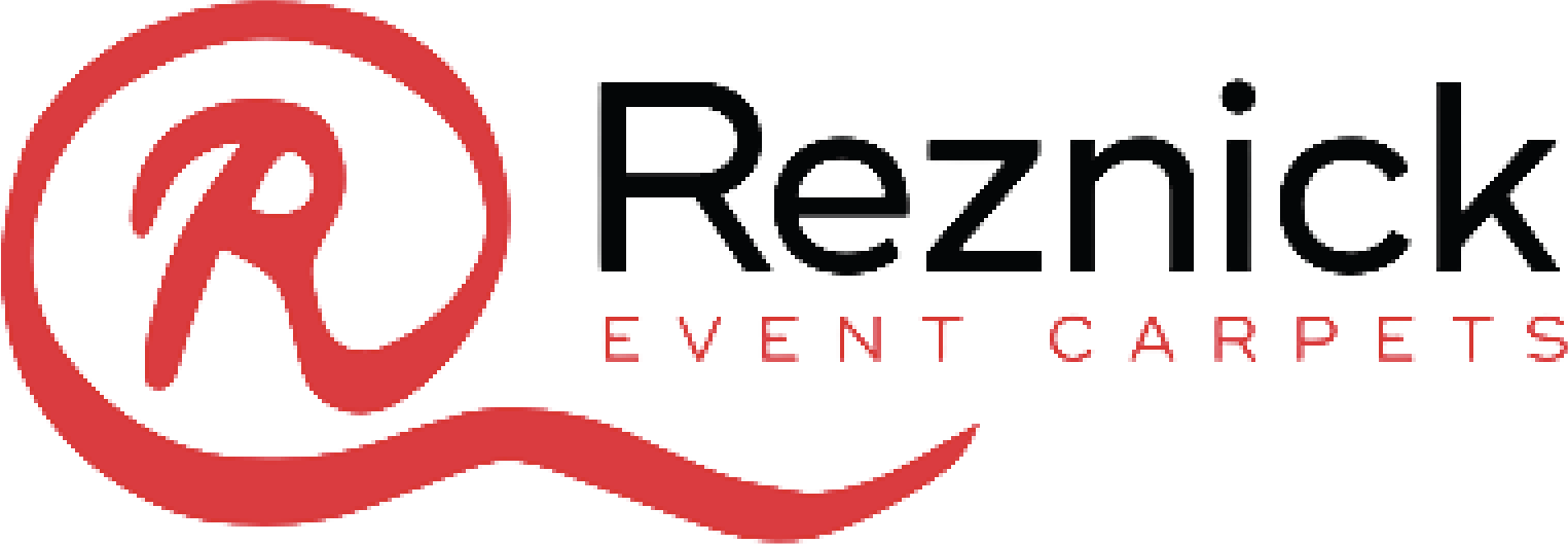 Reznick Event Carpets logo with a stylized red 'R' inside a circle and the company name in black and red text.