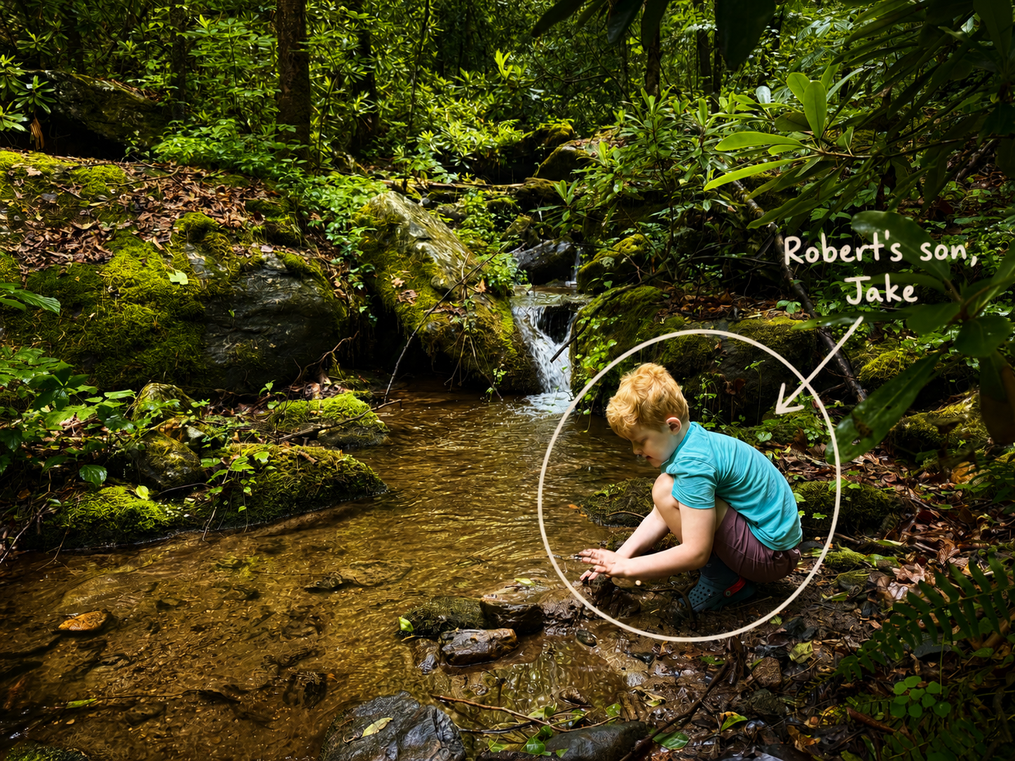 A young boy with curly blonde hair, wearing a blue shirt and shorts, crouching by a small stream in a lush forest, touching the water. An arrow points to him with text indicating he is Robert's son, Jake.