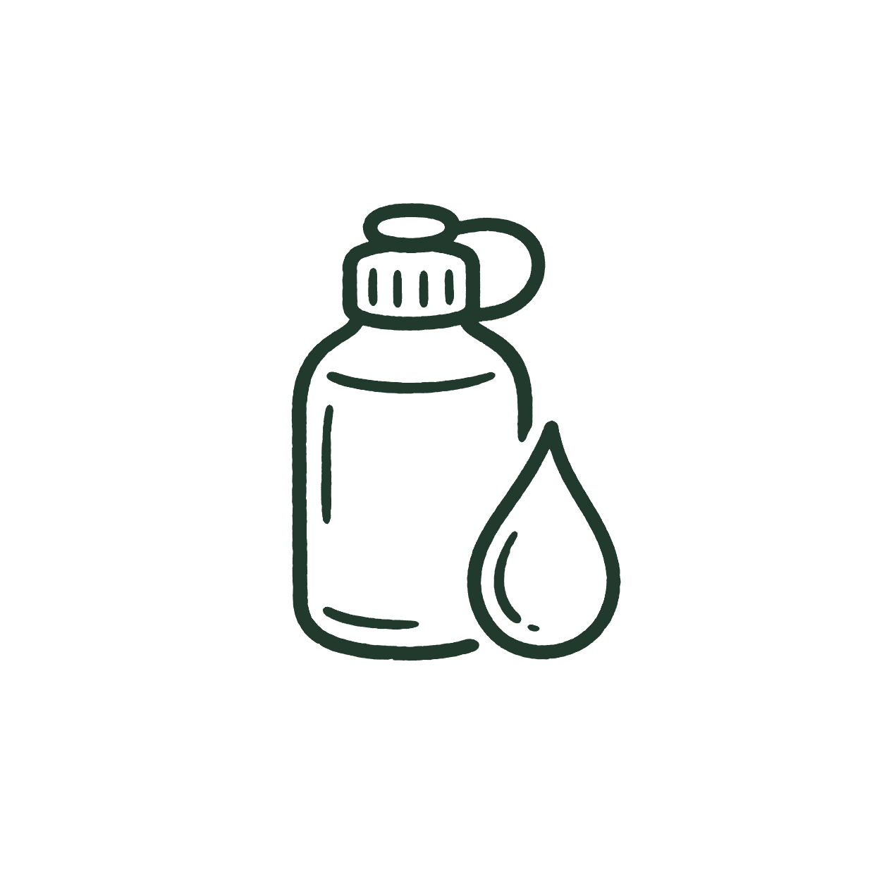 Line drawing of a medicine bottle with a drop beside it.